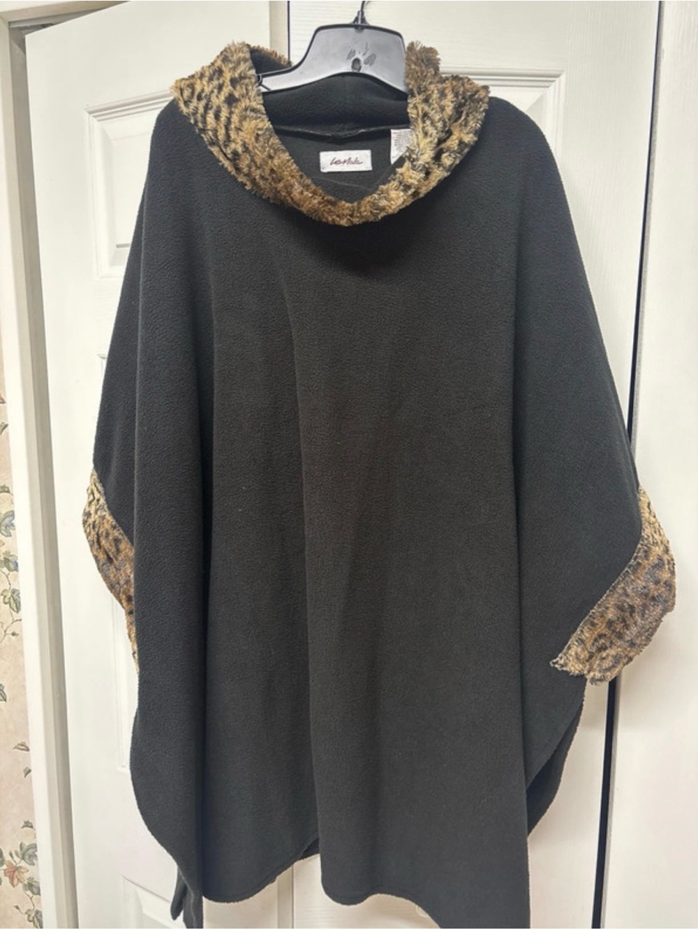 Black Fleece Poncho with Leopard Trim